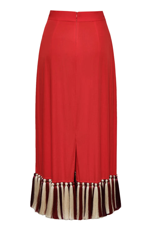 Rocio Cotton Midi Skirt / Red & Handmade Wine Tassels